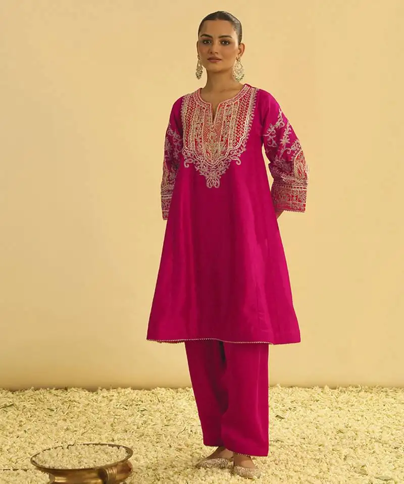 Hot pink embroidered chanderi silk kurta set