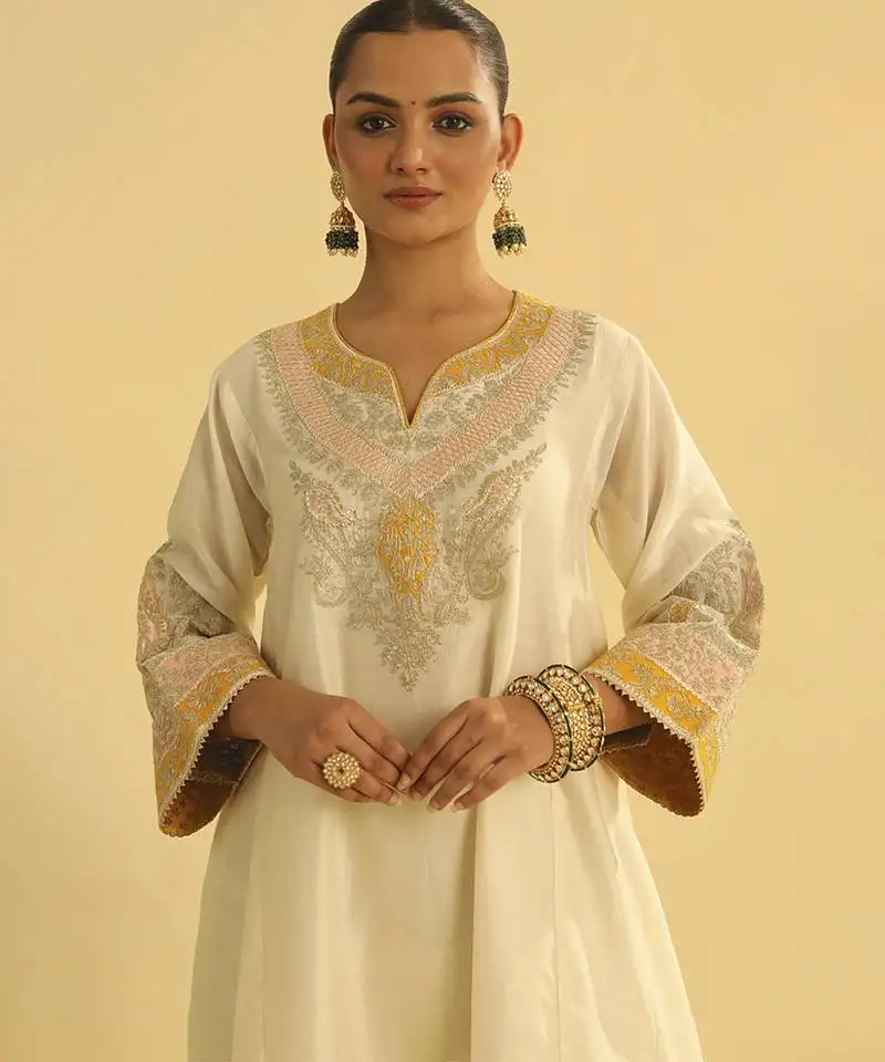 Ivory embroidered chanderi silk kurta set