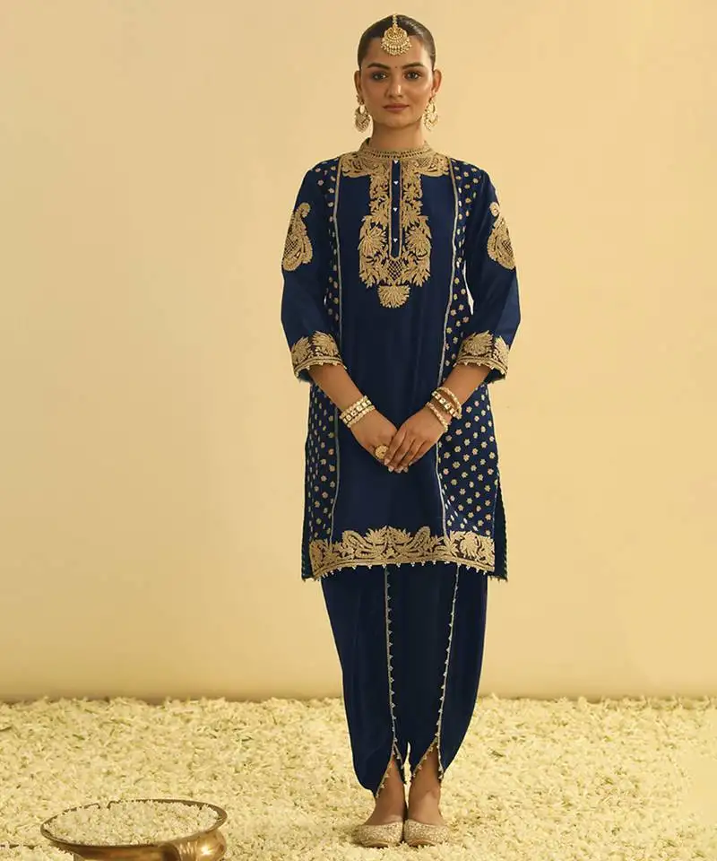 Blue embroidered chanderi silk kurta paired with dhoti