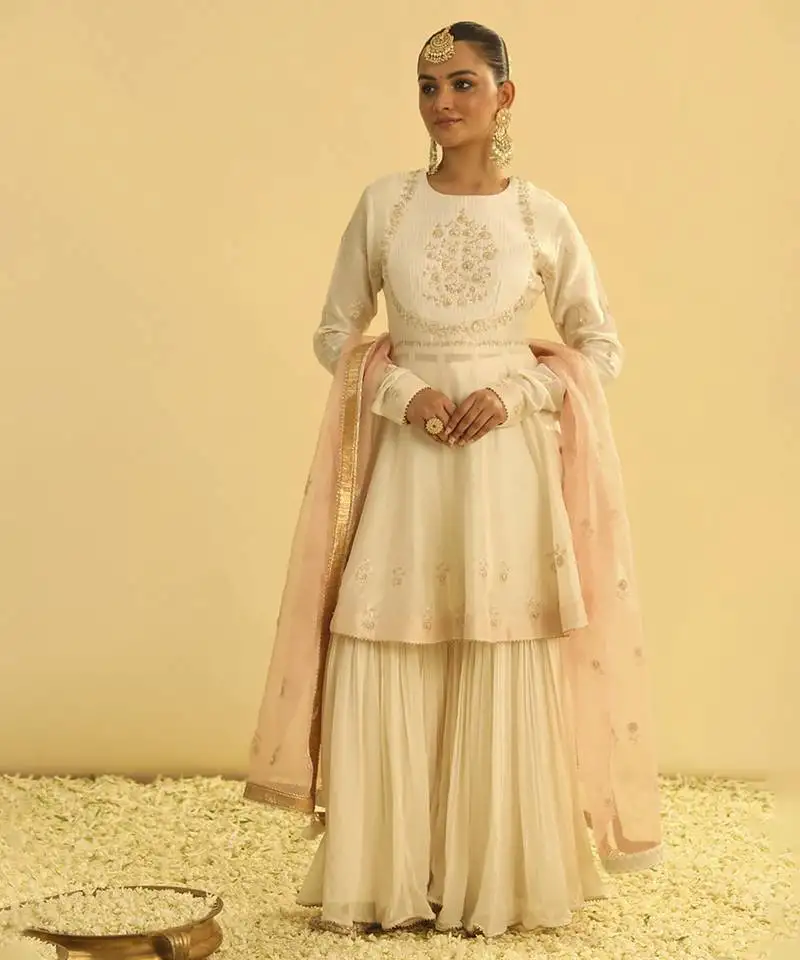 Ivory embroidered chanderi silk gharara set