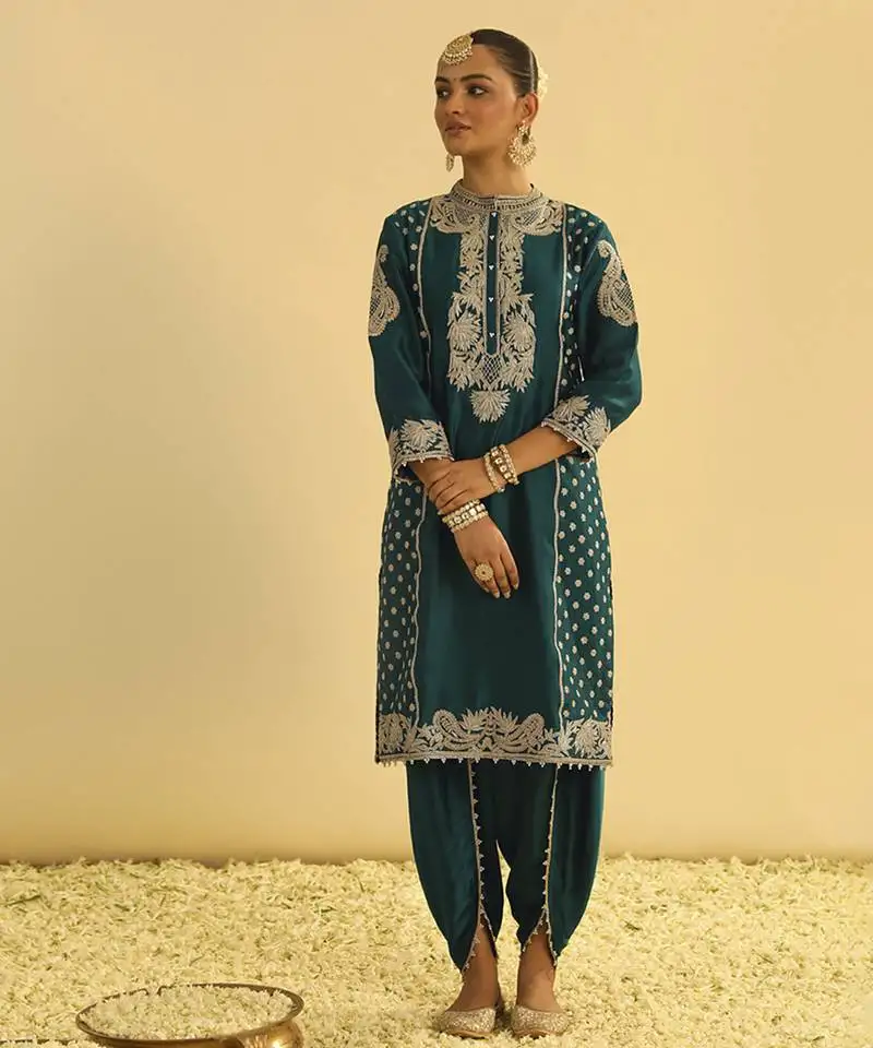 Emerald embroidered chanderi silk kurta paired with dhoti