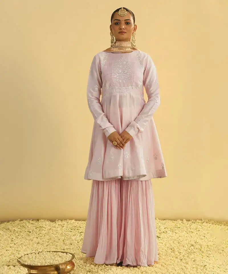 Pink embroidered chanderi silk gharara set