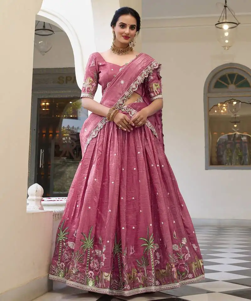 Pink gold crush fabric embroidered lehenga choli set