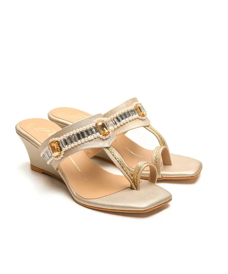 Gold faux leather finish wedges