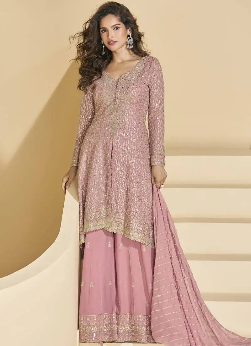 Peach georgette embroidered designer palazzo suit stitched