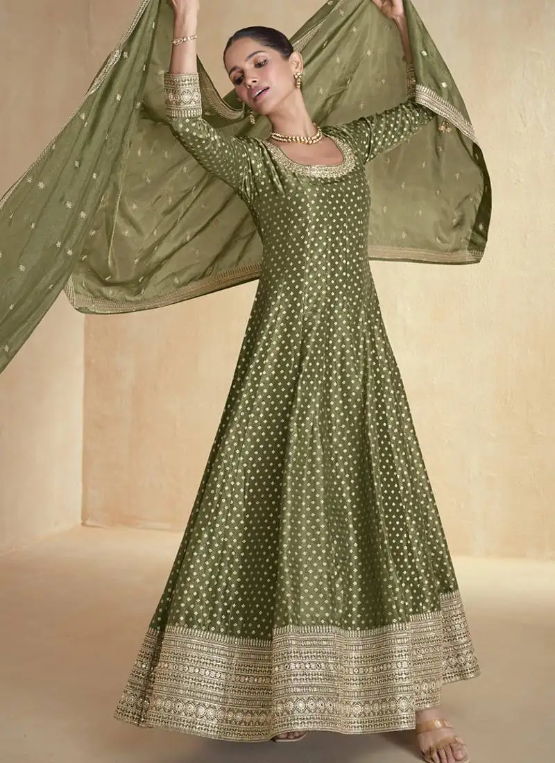 Mahendi viscose jacquard embroidered anarkali suit stitched