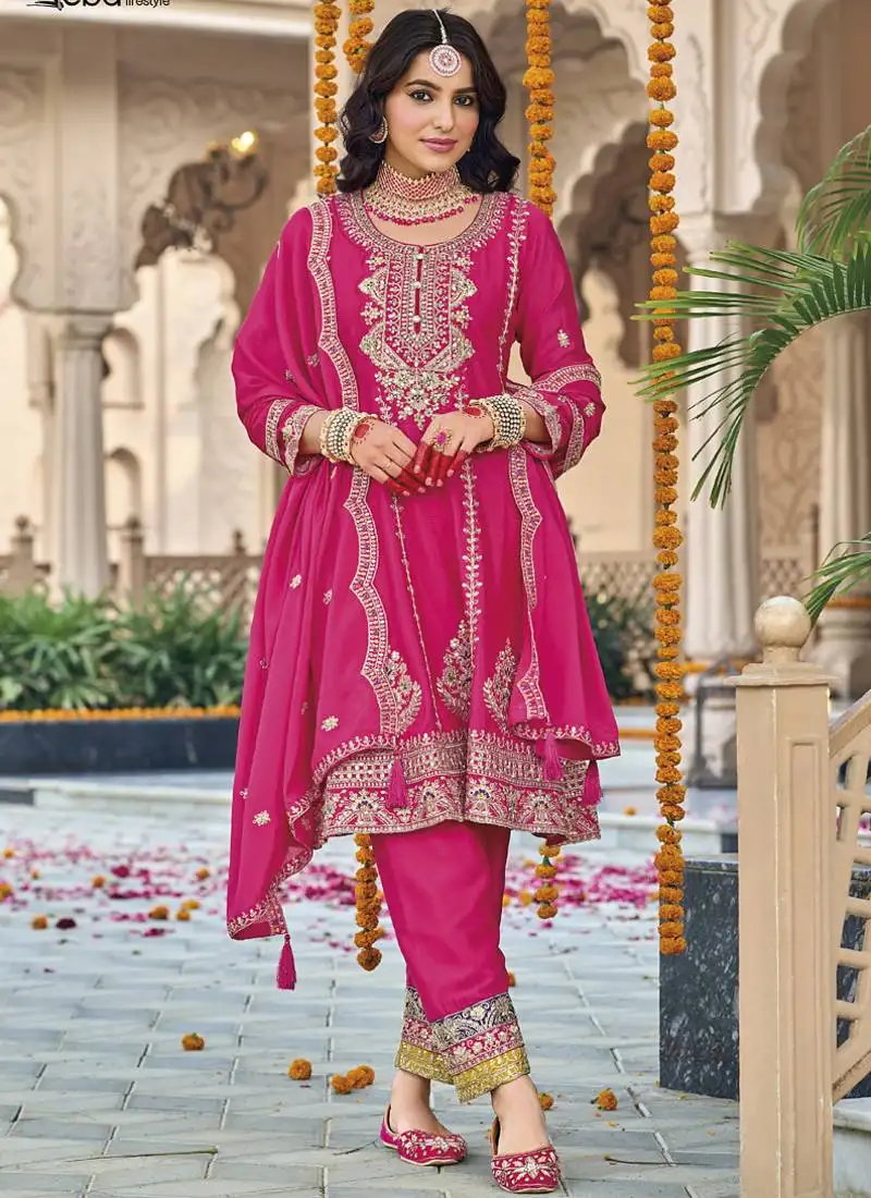 Pink chinon silk embroidered designer palazzo suit stitched