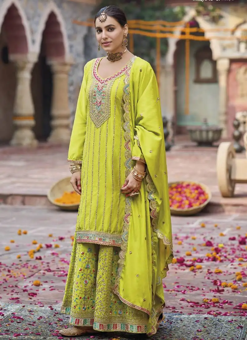 Lime green chinon silk embroidered designer palazzo suit stitched