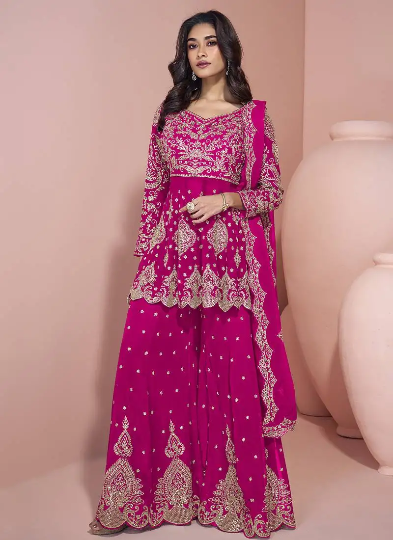 Pink georgette embroidereddesigner sharara suit stitched