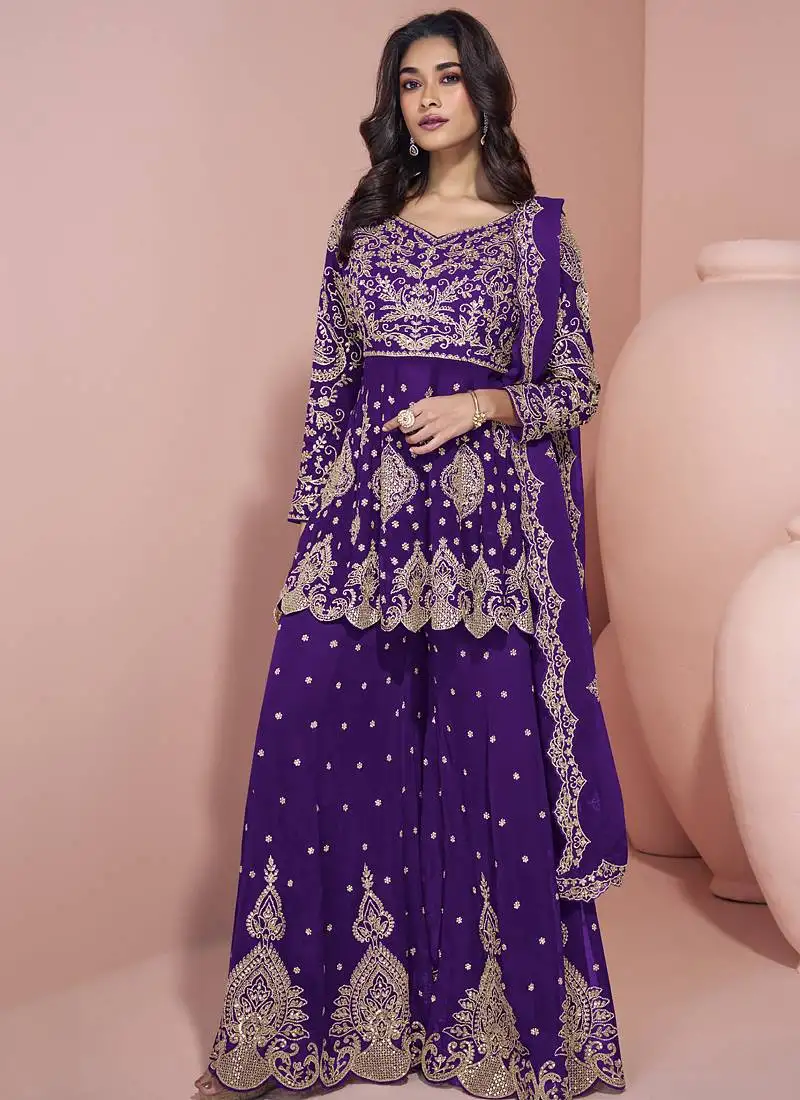 Violet georgette embroidereddesigner sharara suit stitched
