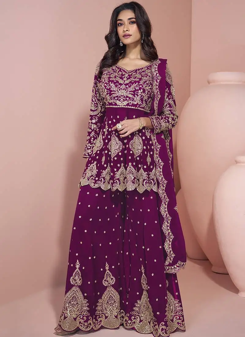Wine georgette embroidereddesigner sharara suit stitched