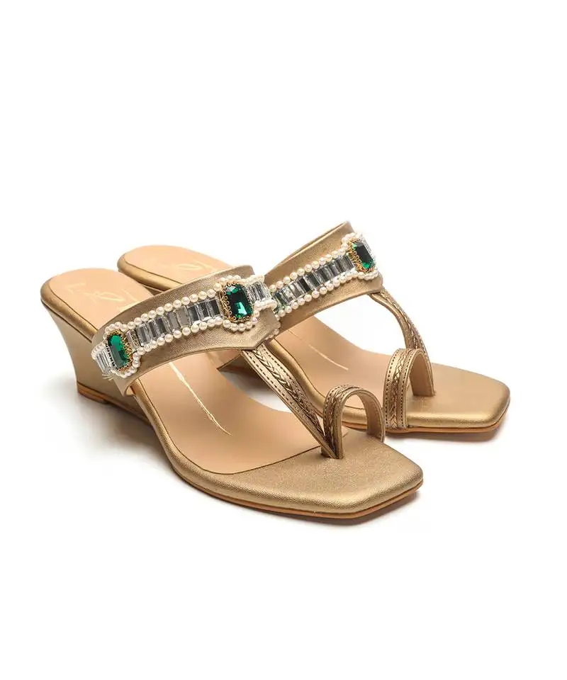 Antique gold faux leather finish wedges