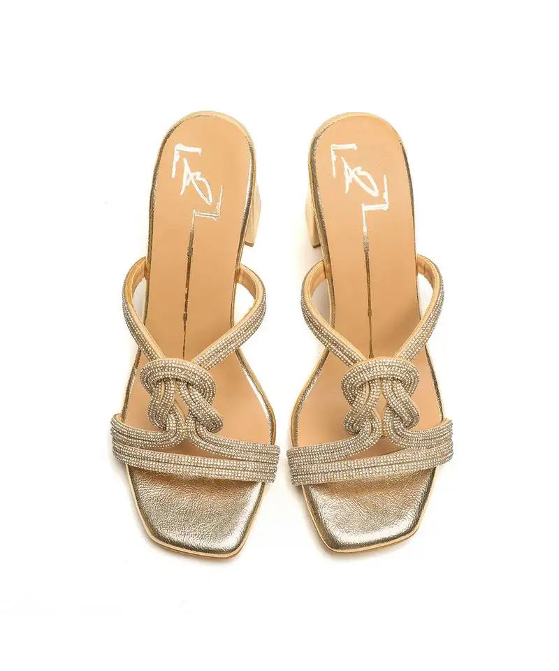 Gold faux leather finish block heel