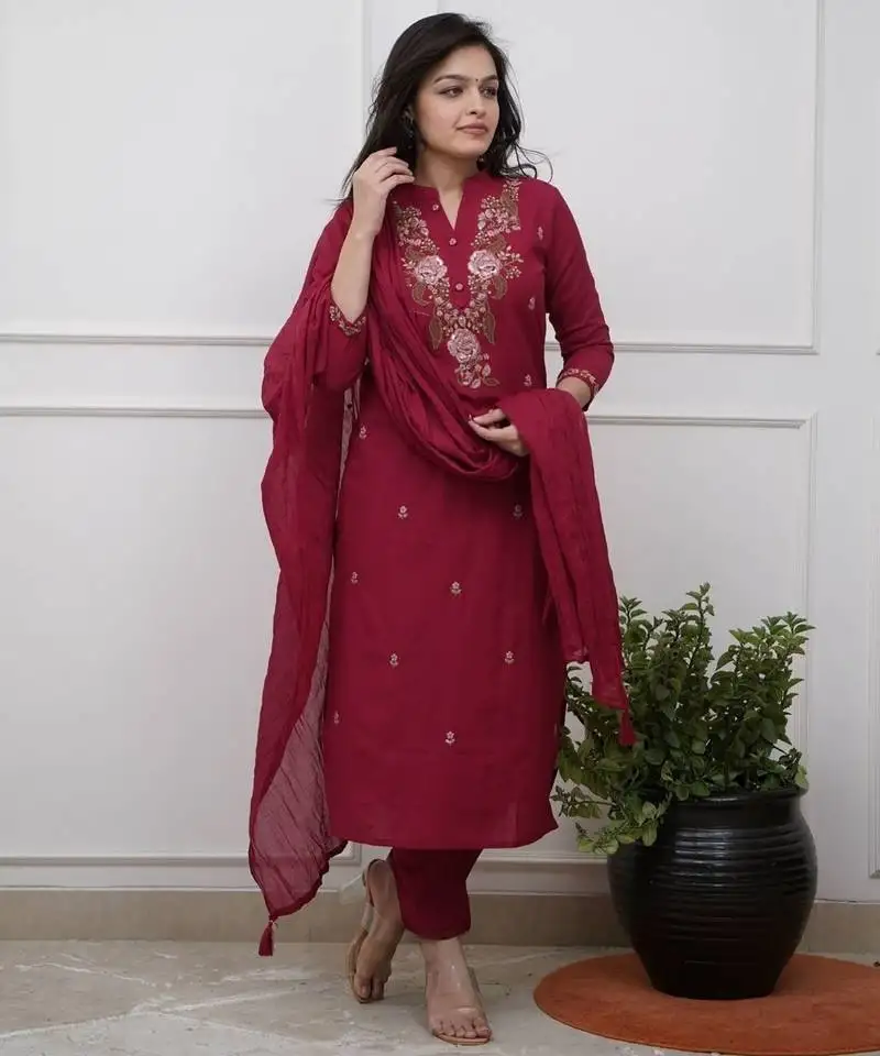 Elegant maroon colored party wear embroidered stitched rayon pant style kurti suit with duppatta
