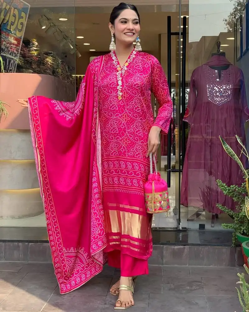 Elegant pink colored party wear print stitched viscose pant style kurti suit with duppatta
