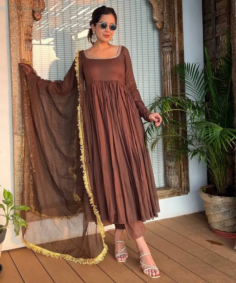 Elegant brown colored party wear stitched cotton pant style kurti suit with duppatta