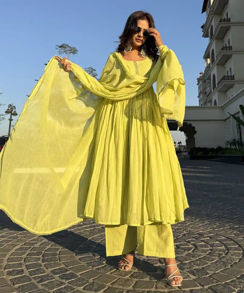 Elegant yellow colored party wear stitched cotton pant style kurti suit with duppatta