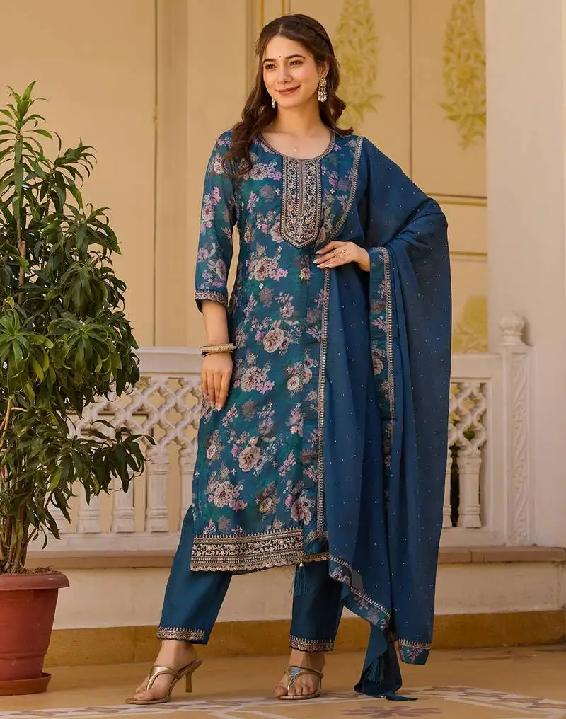 Elegant blue colored party wear embroidered stitched chinon pant style kurti suit with duppatta