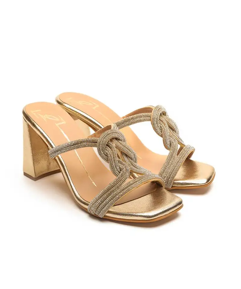 Faux leather finish antique gold block heel