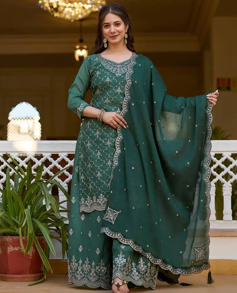 Elegant green colored party wear embroidered stitched chinon pant style kurti suit with duppatta