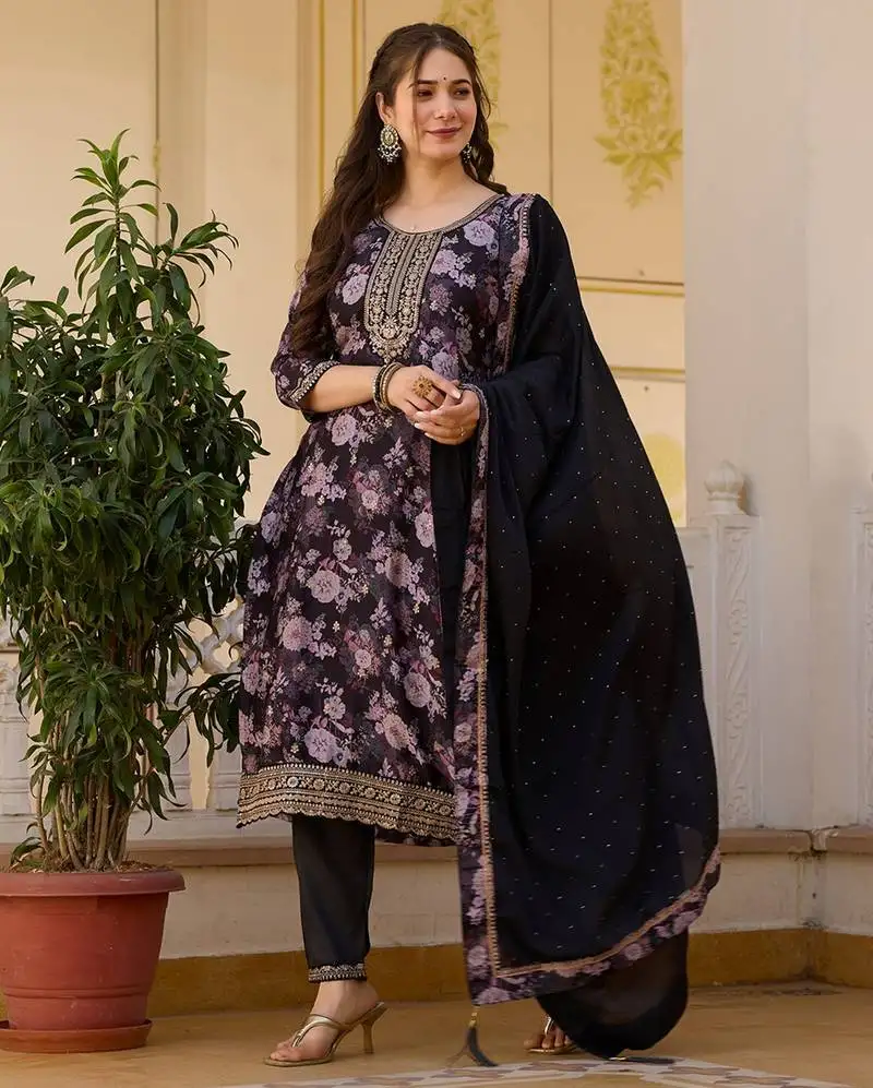 Elegant black colored party wear embroidered stitched chinon pant style kurti suit with duppatta