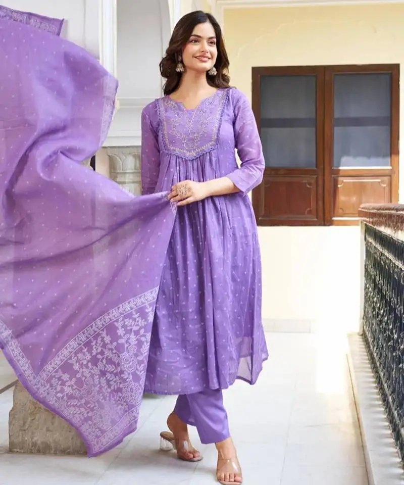 Elegant purple colored party wear embroidered stitched cotton pant style kurti suit with duppatta