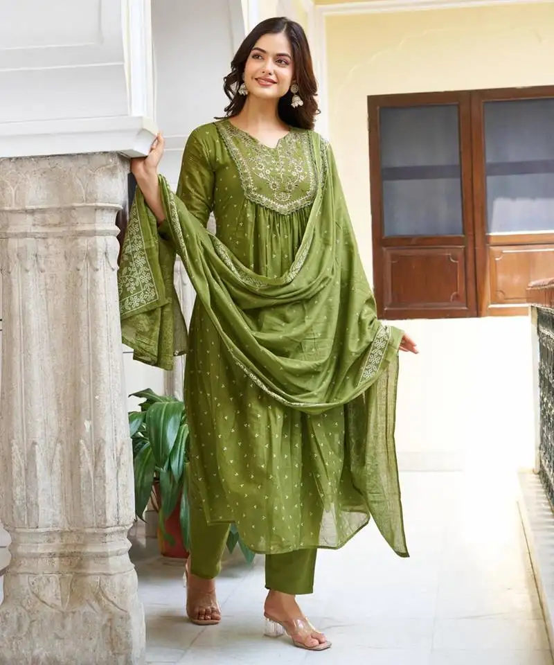 Elegant green colored party wear embroidered stitched cotton pant style kurti suit with duppatta