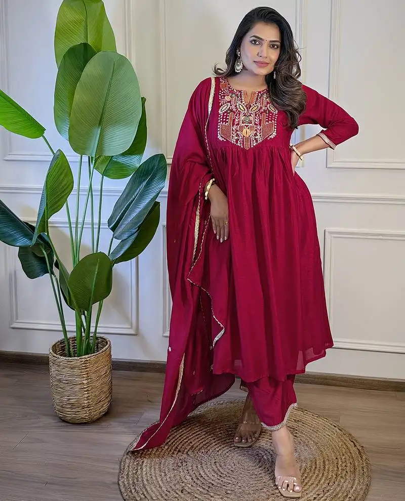 Elegant red colored party wear embroidered stitched silk pant style kurti suit with duppatta