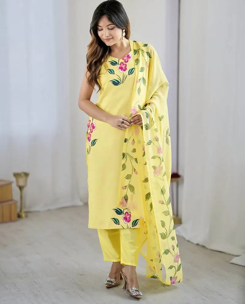 Elegant yellow colored party wear print stitched viscose pant style kurti suit with duppatta