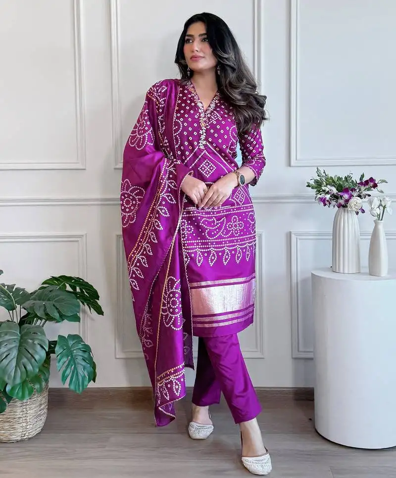 Elegant purple colored party wear print stitched viscose pant style kurti suit with duppatta