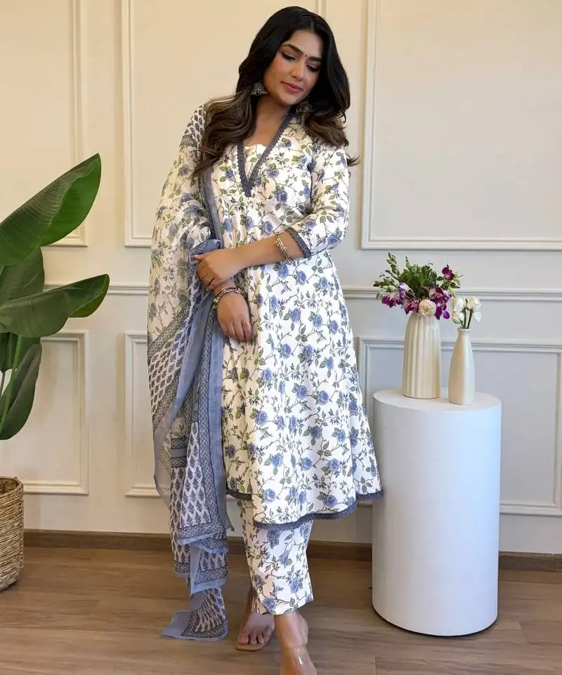 Elegant grey colored party wear print stitched cotton pant style kurti suit with duppatta