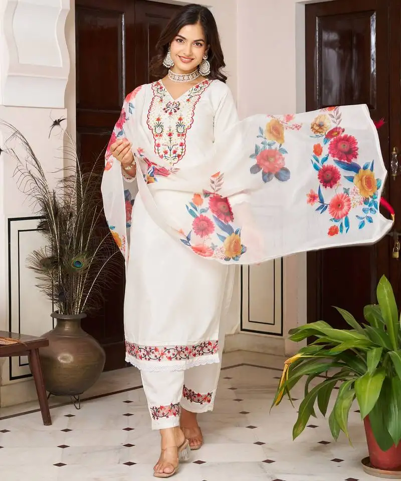 Elegant white colored party wear embroidered stitched chanderi silk pant style kurti suit with duppatta