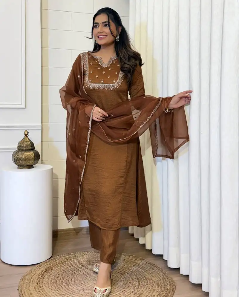 Elegant brown colored party wear embroidered stitched vichitra silk pant style kurti suit with duppatta