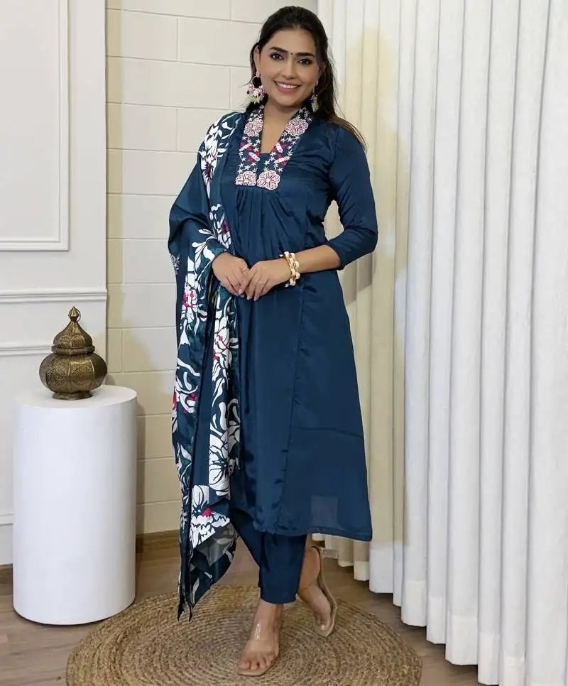 Blue embroidered stitched chinon pant style kurti suit