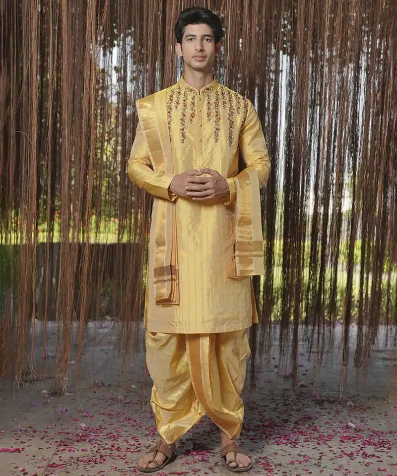 Gold plain silk kurta & dhoti with stole