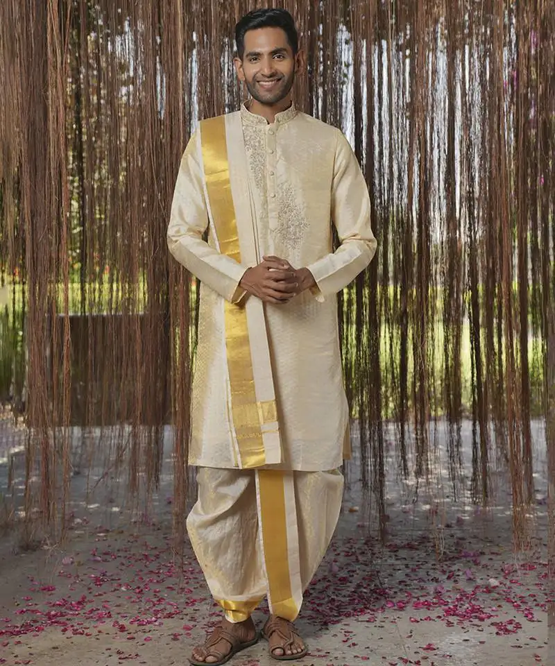 Beige plain silk kurta & dhoti with stole