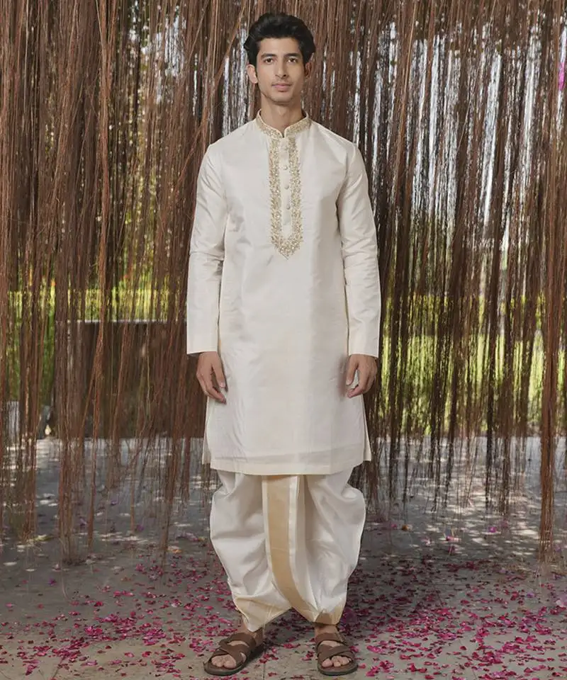 White plain silk kurta & dhoti with stole
