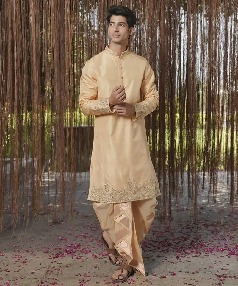 Brown plain silk kurta & dhoti with stole