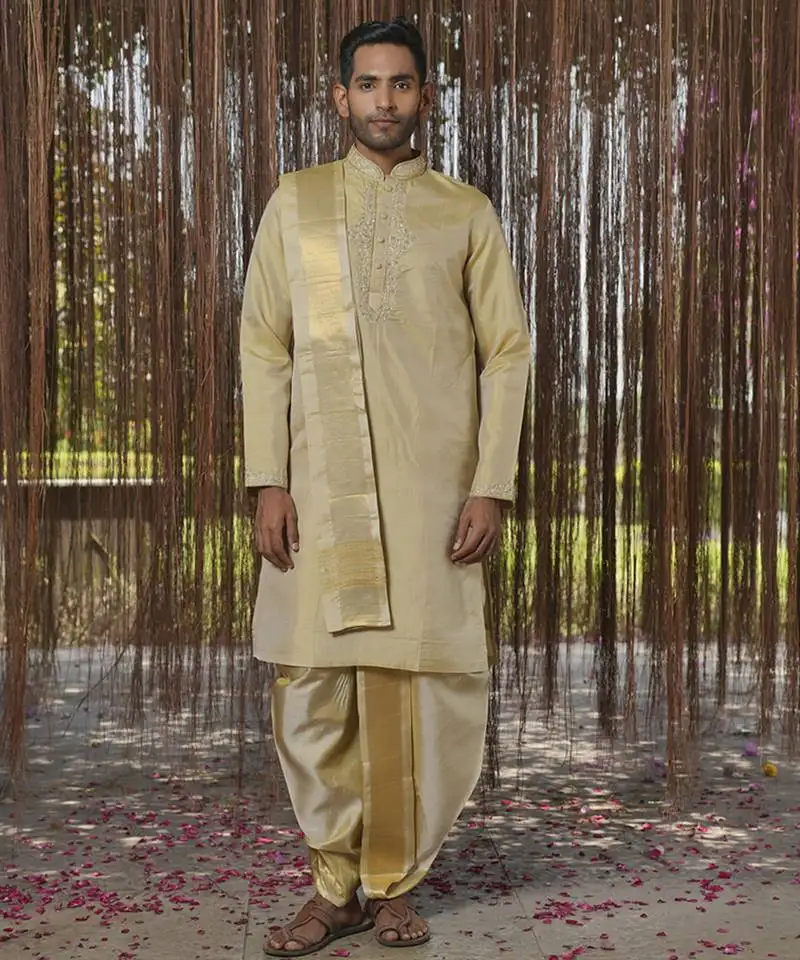 Green plain silk kurta & dhoti with stole