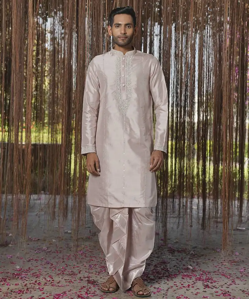Grey plain silk kurta & dhoti with stole