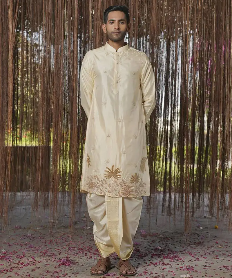 Beige embroidered silk kurta & dhoti with stole