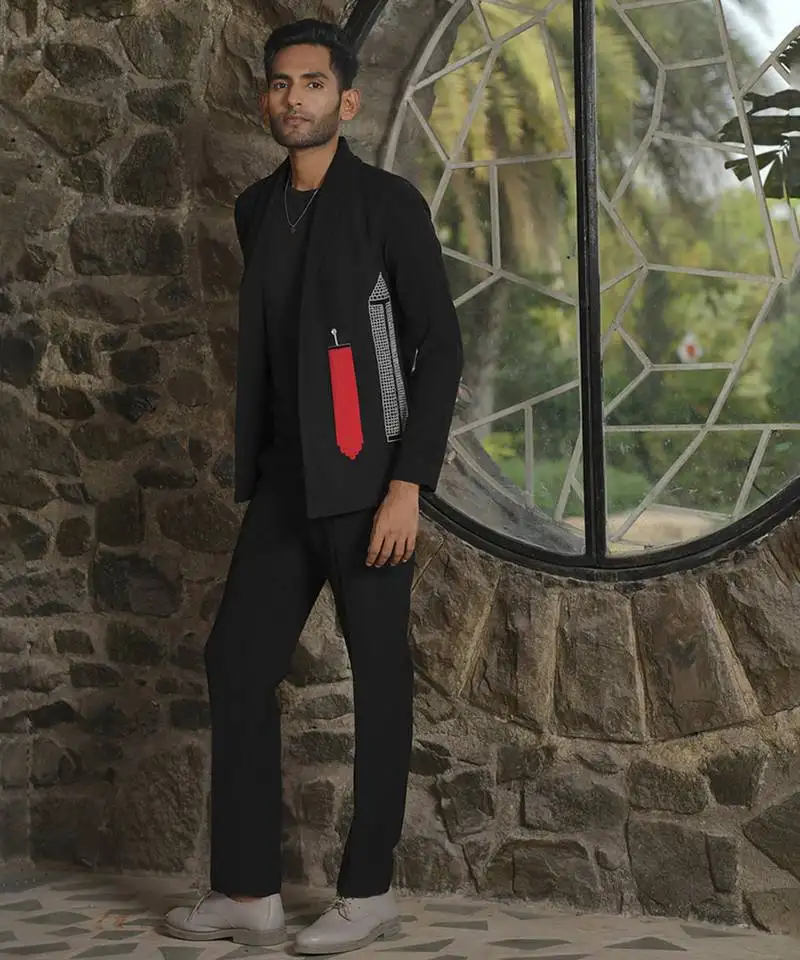 Red plain silk jacket & pant set