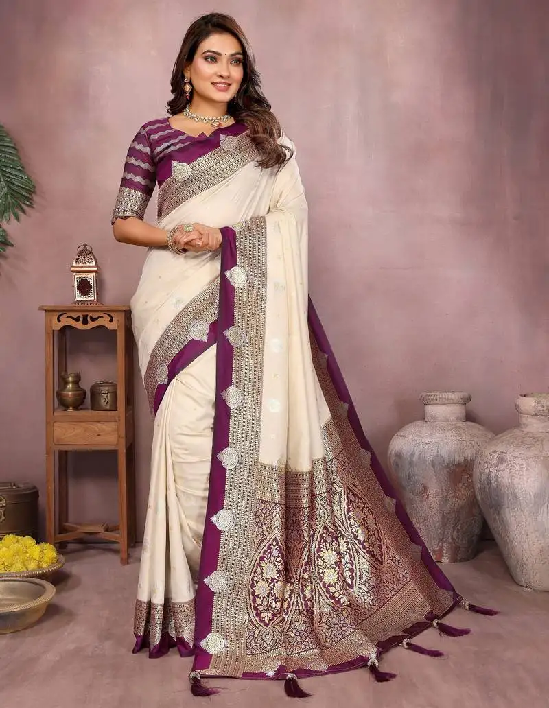 Beige handloom kalamkari silk blend saree with zari woven work