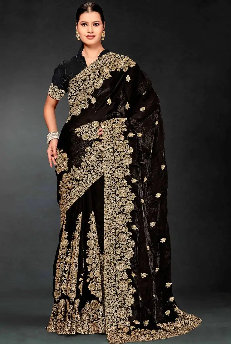 Black sequin embroidered art silk saree with blouse piece
