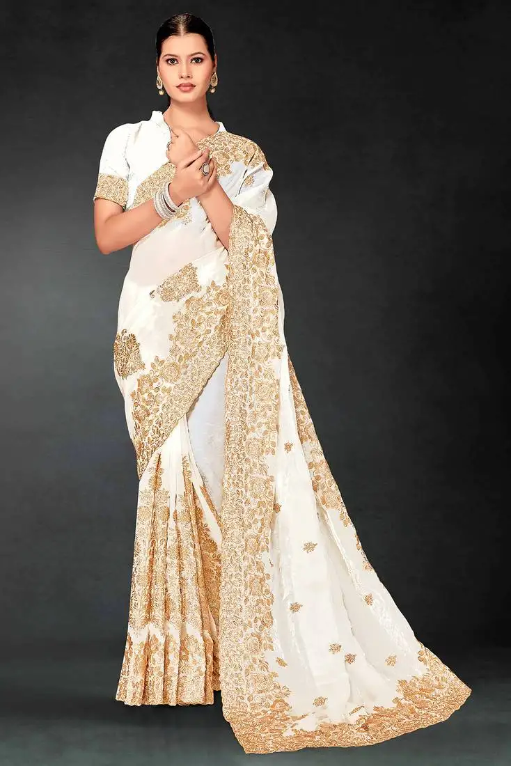 White sequin embroidered art silk saree with blouse piece