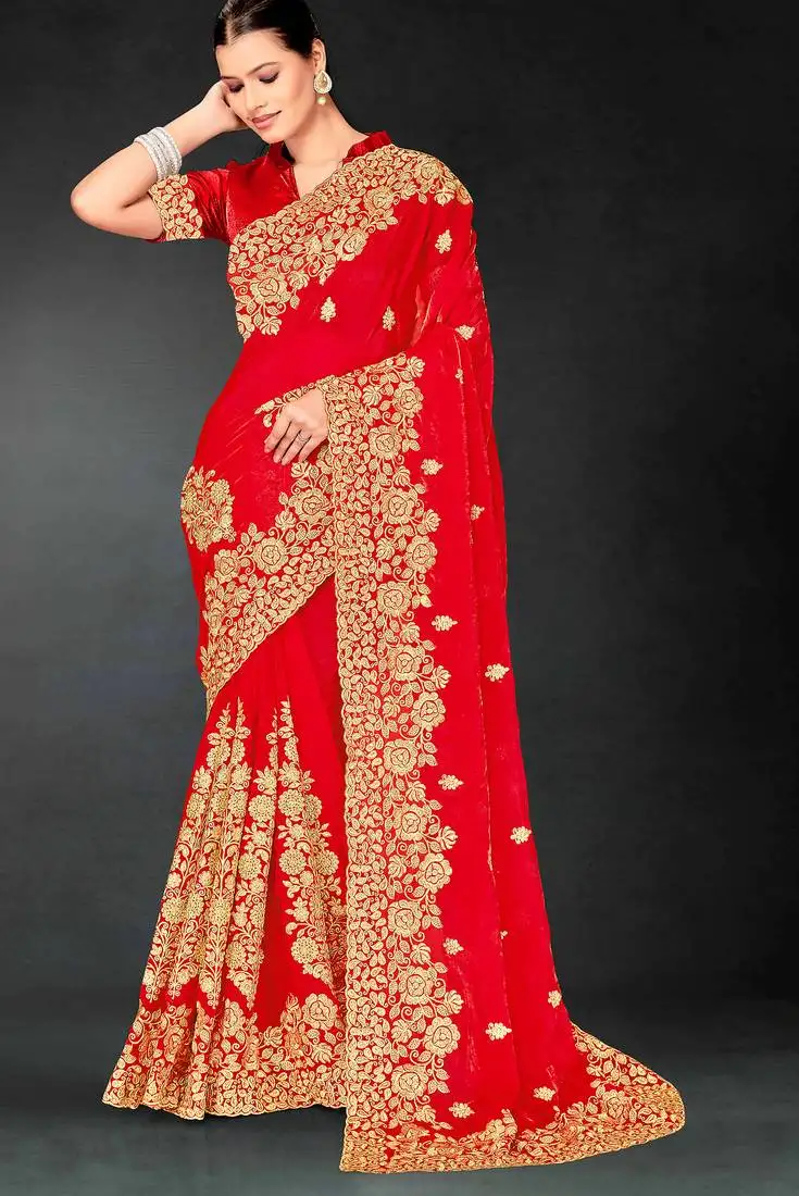 Red sequin embroidered art silk saree with blouse piece