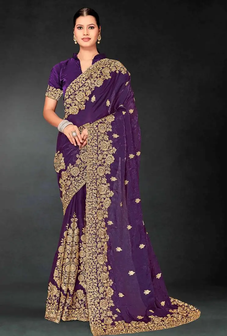 Purple sequin embroidered art silk saree with blouse piece