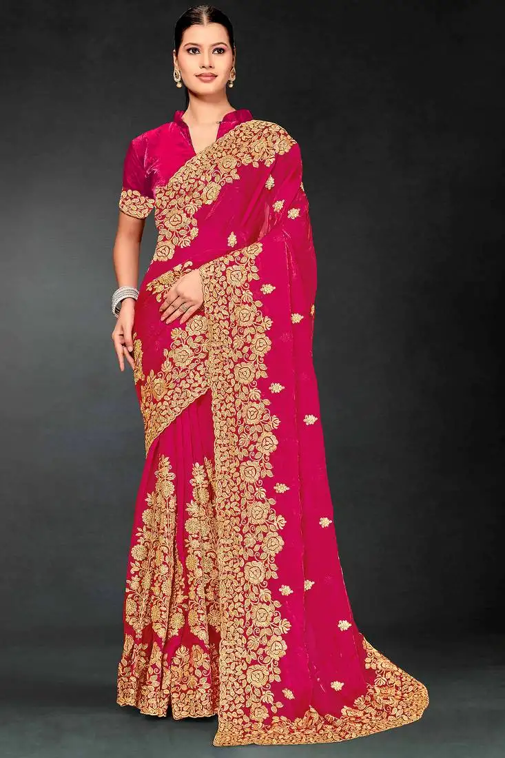 Magenta sequin embroidered art silk saree with blouse piece
