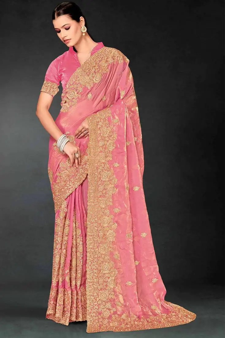 Pink sequin embroidered art silk saree with blouse piece