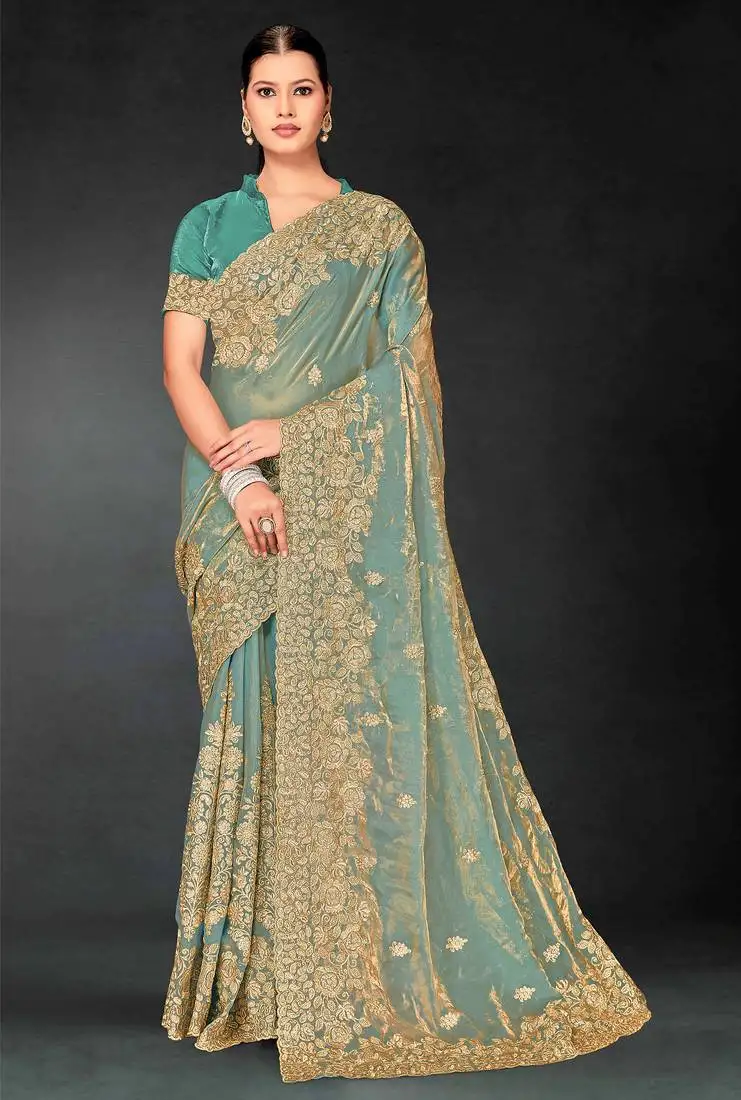 Sea green sequin embroidered art silk saree with blouse piece